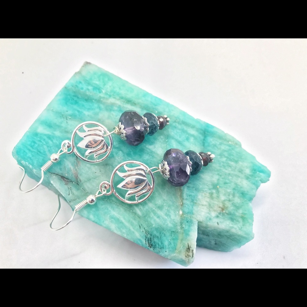Unique, handmade earrings; silver & silver plated aspects, semi-precious stones